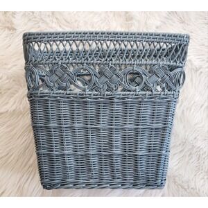 Vintage MCM BLUE Wicker Waste Basket RECTANGULAR Trash Can Shabby Cottage Beach